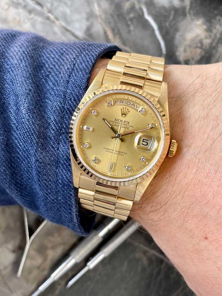 Wrist shot image for Rolex Day-Date "Diamond" 18238 Gold 1989 with original box