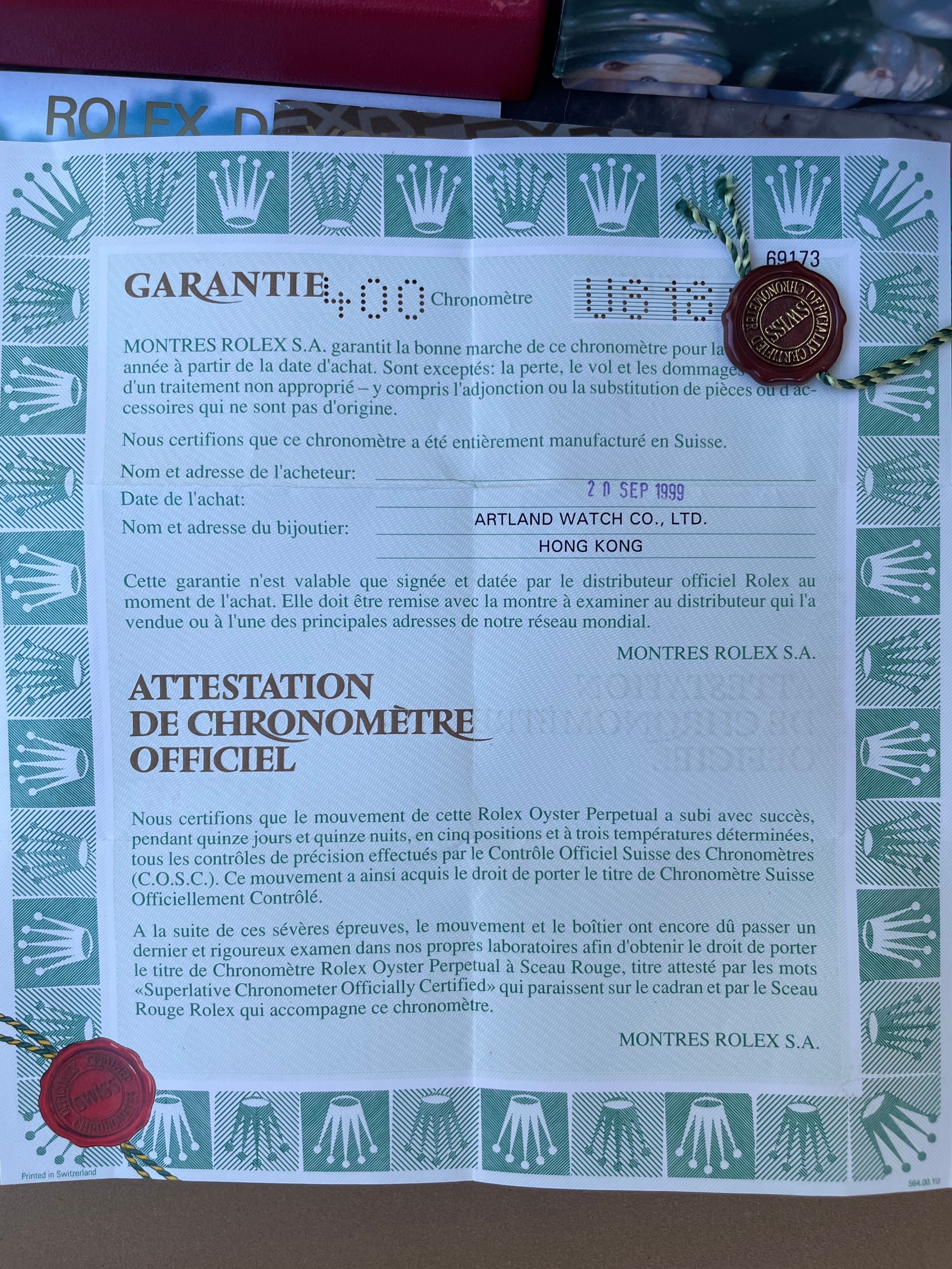 ROLEX 公式クロノメーター証明書 69173 Rolex Lady Datejust 69173 Black 1998 with original box and papers