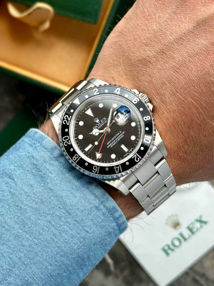 Wrist shot image for Rolex GMT-Master II 16710 Black 2001 with original box and papers