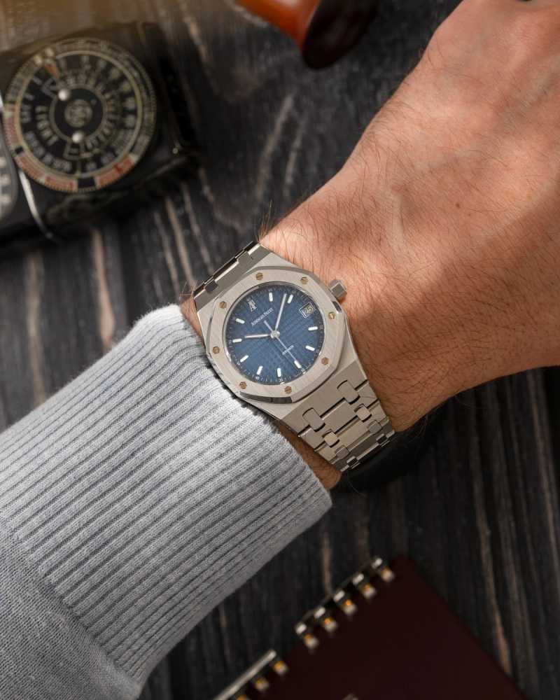 Wrist shot image for Audemars Piguet Royal Oak "Cosmic Blue"  14790ST Blue 2006 with original box and papers