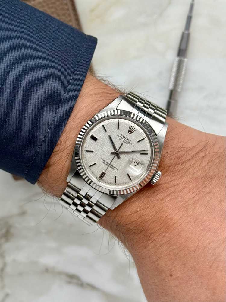 Wrist shot image for Rolex Datejust "Linen" 1601 Silver Linen 1070 