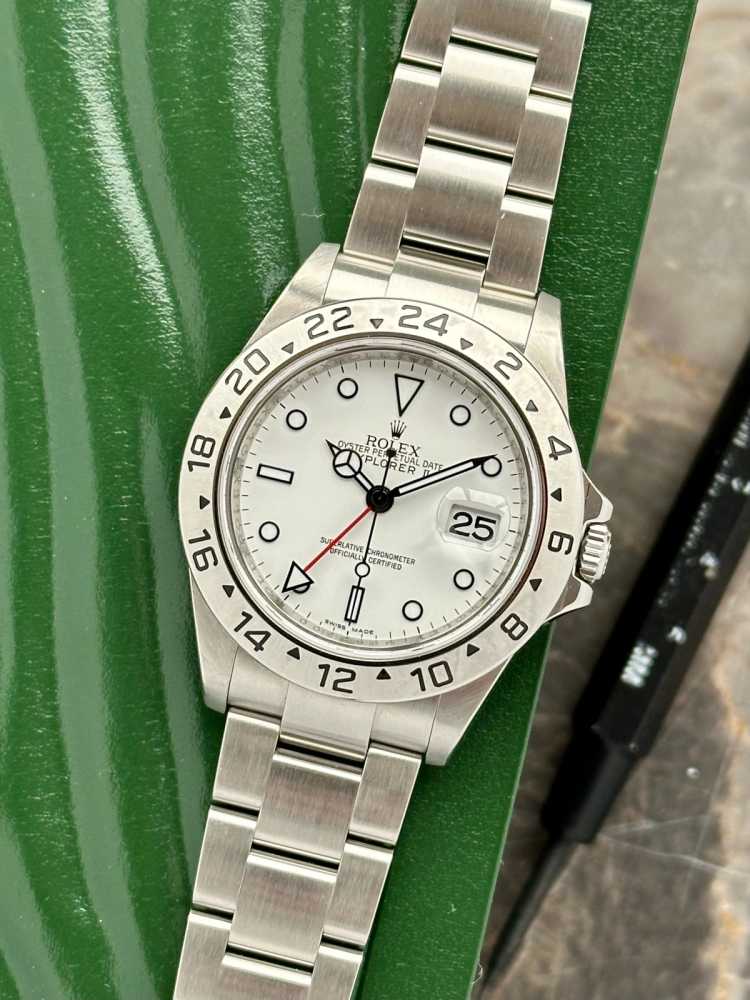 Featured image for Rolex Explorer 2 "Engraved Rehaut" 16570T White 2008 with original box and papers