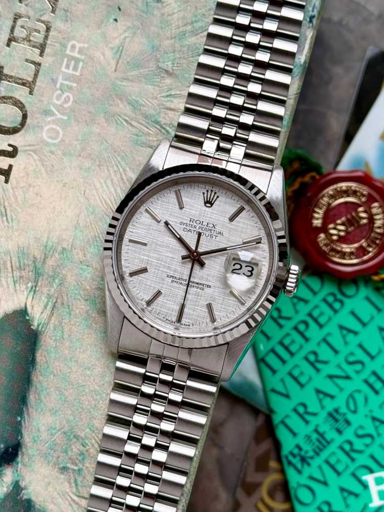 Featured image for Rolex Datejust "Linen" 16234 Silver Linen 1990 with original box and papers 2