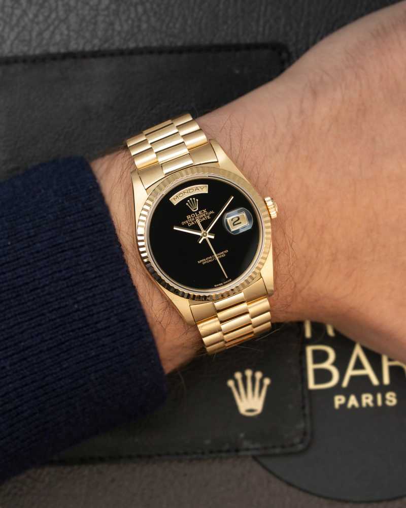 Wrist shot image for Rolex Day-Date "Onyx" 18238 Black 1991 with original box and papers 2