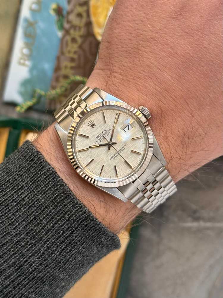 Wrist shot image for Rolex Datejust "Linen" 16014 Silver Linen 1988 with original box and papers