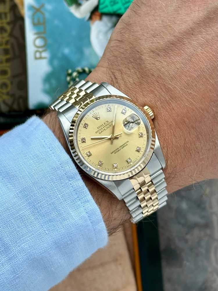 Wrist shot image for Rolex Datejust "Diamond" 16233 Gold 1988 with original box and papers