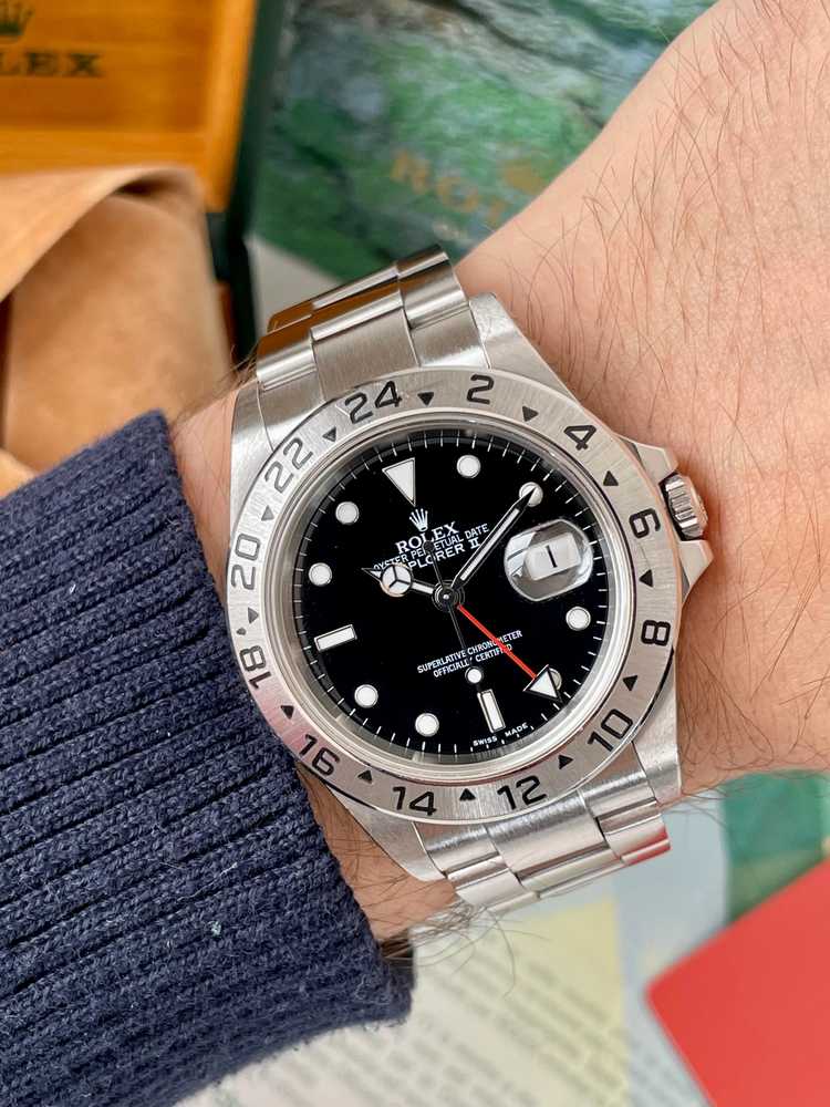 Wrist shot image for Rolex Explorer II 16570 Black 2005 with original box and papers