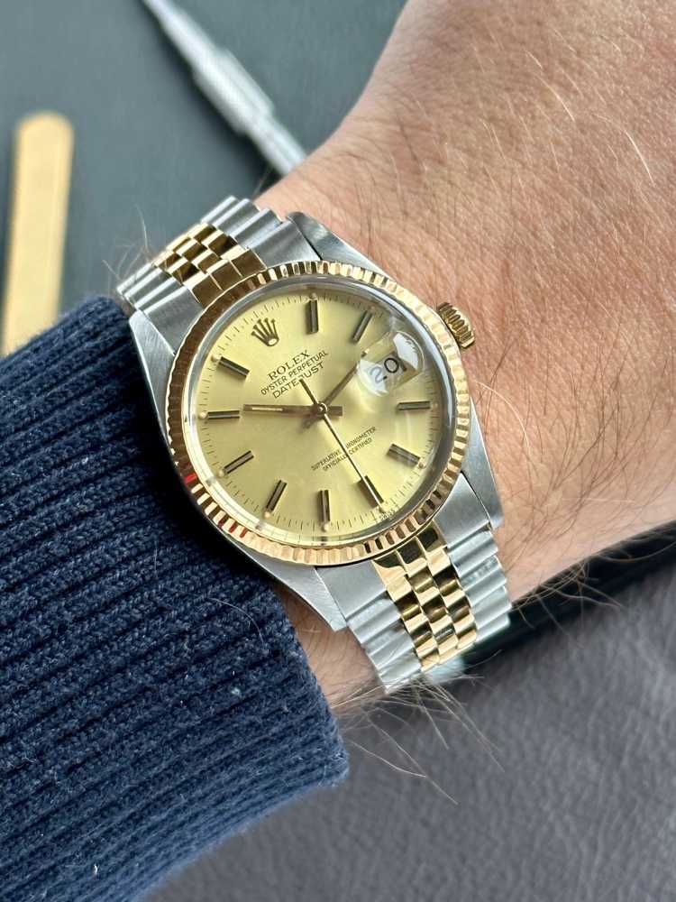 Wrist shot image for Rolex Datejust 16013 Gold 1982 with original box and papers