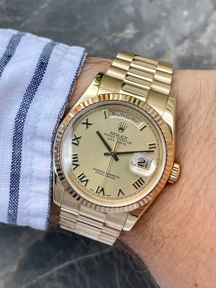 Wrist image for Rolex Day-Date 118238 Gold 2000 with original box and papers