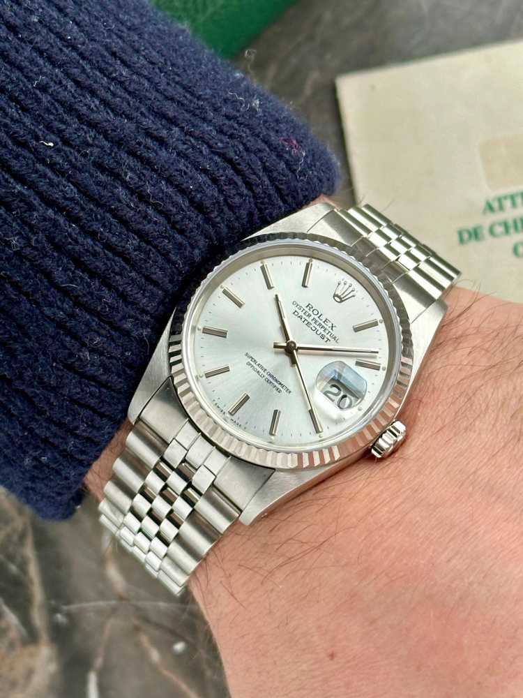 Wrist shot image for Rolex Datejust 16234 Silver 1989 with original box and papers