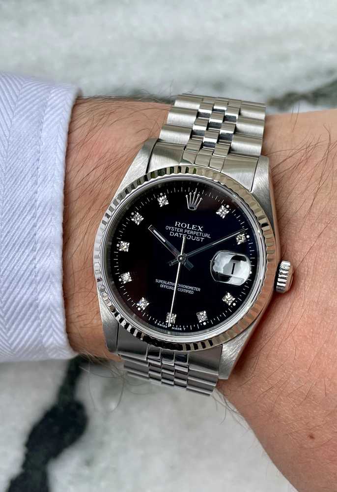 Wrist shot image for Rolex Datejust "Diamond" 16234 G Black 1988 with original box and papers