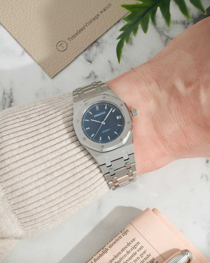 Wrist shot image for Audemars Piguet Royal Oak Blue/Tropical 14790ST Blue 2001 with original box and papers