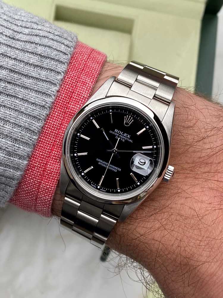 Wrist shot image for Rolex Oyster Perpetual Date 15200 Black 2001 with original box and papers