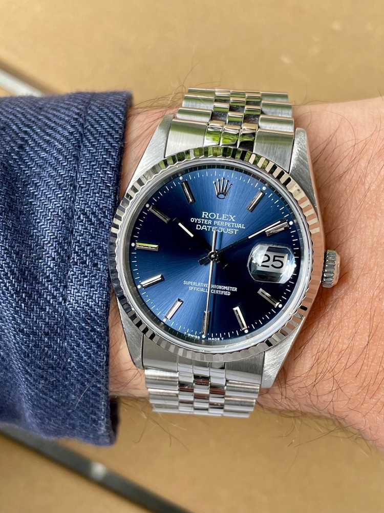Wrist image for Rolex Datejust 16234 Blue 1994 with original box and papers 2