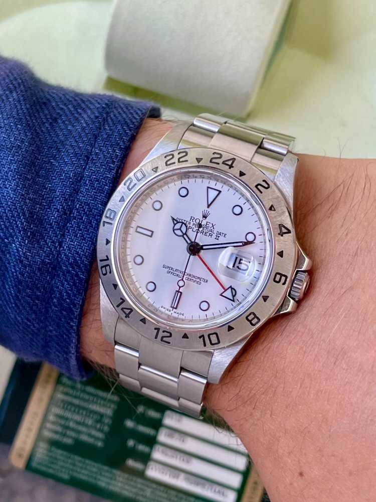 Wrist shot image for Rolex Explorer 2 "Engraved Rehaut" 16570T White 2010 with original box and papers