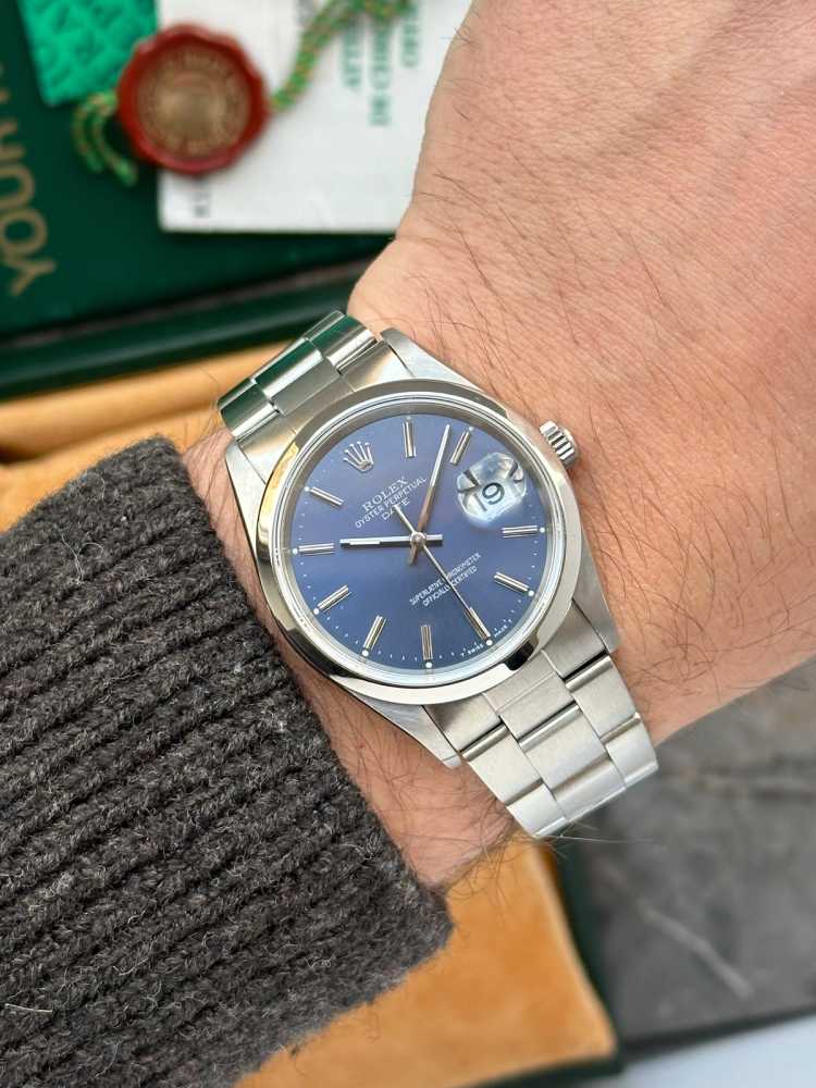 Wrist shot image for Rolex Oyster Perpetual Date 15200 Blue 2000 with original box and papers
