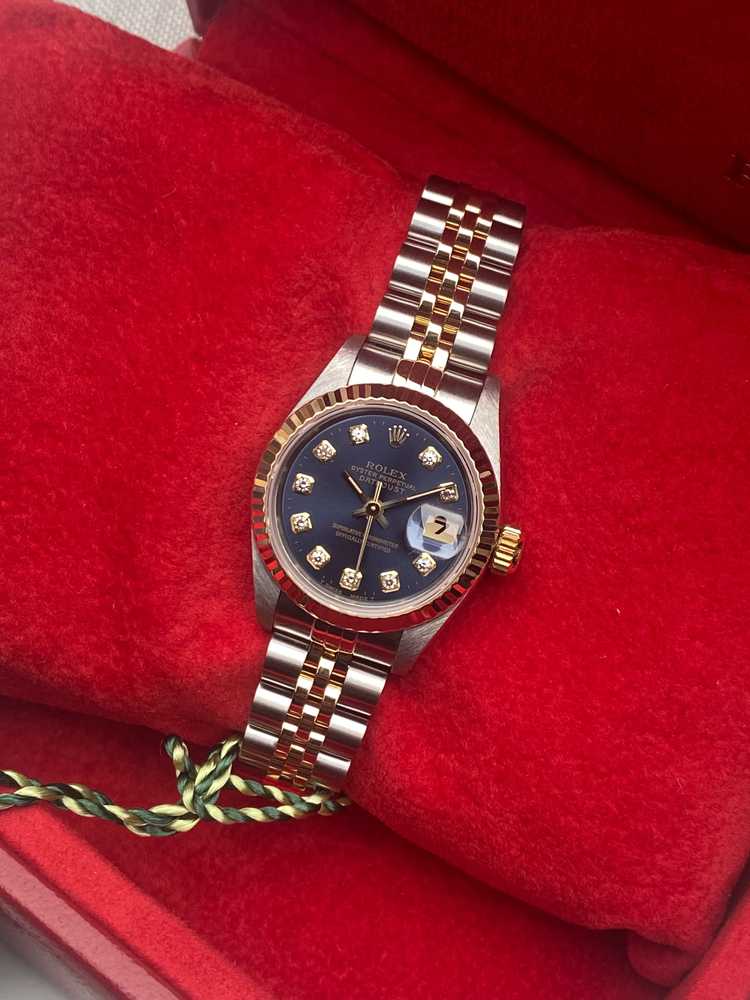 Wrist shot image for Rolex Lady Datejust "diamond" 69173G Blue 1995 with original box and papers