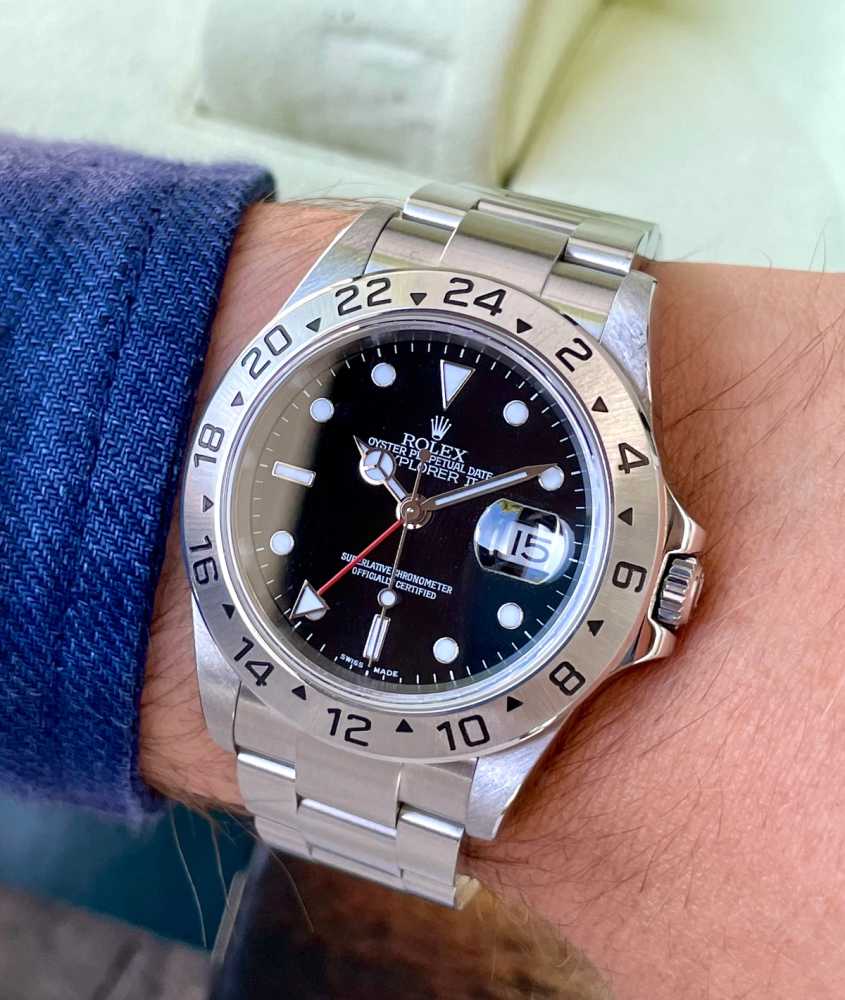 Wrist shot image for Rolex Explorer 2 16570T Black 2005 with original box and papers
