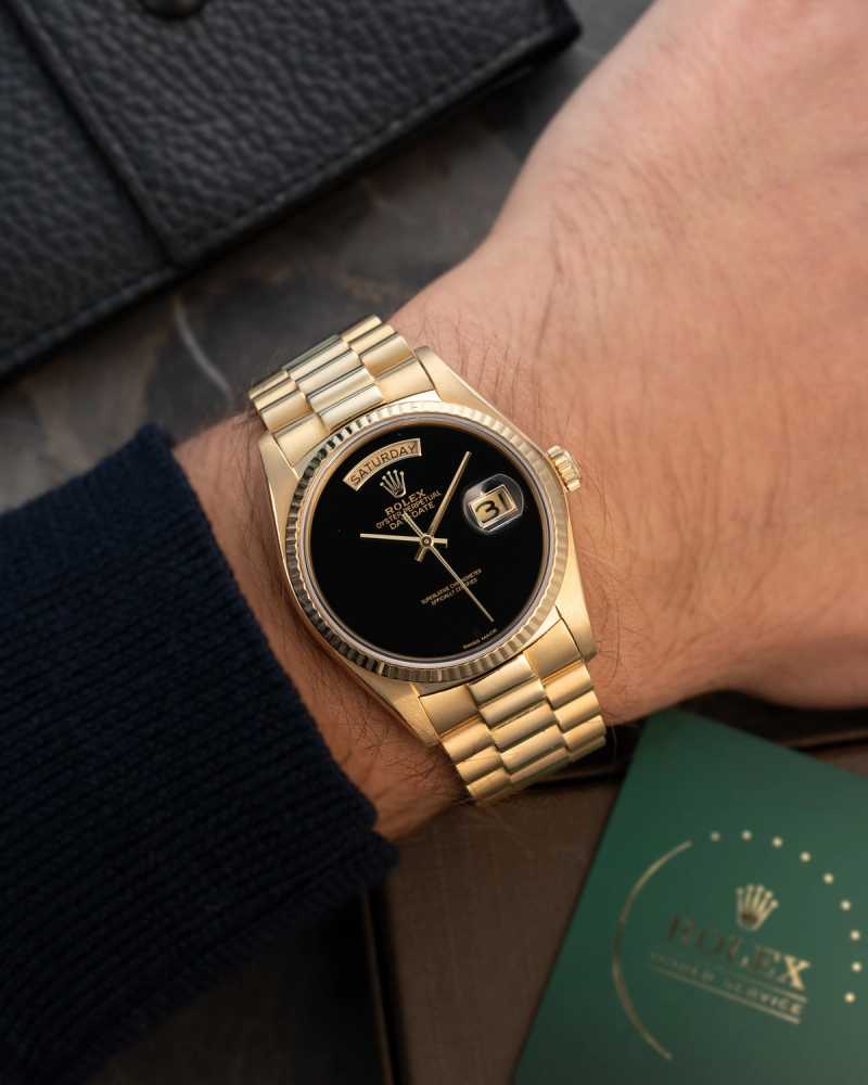 Wrist shot image for Rolex Day-Date "Onyx" 18038 Black 1979 with original box and papers