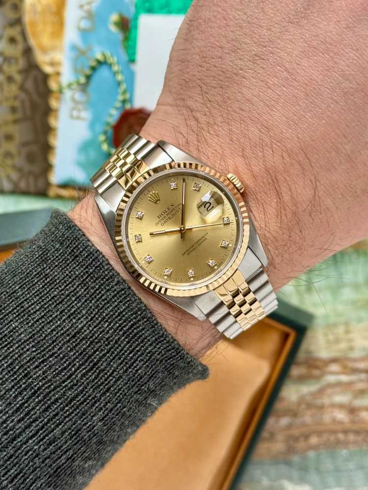 Wrist shot image for Rolex Datejust "Diamond" 16233 Gold 1991 with original box and papers