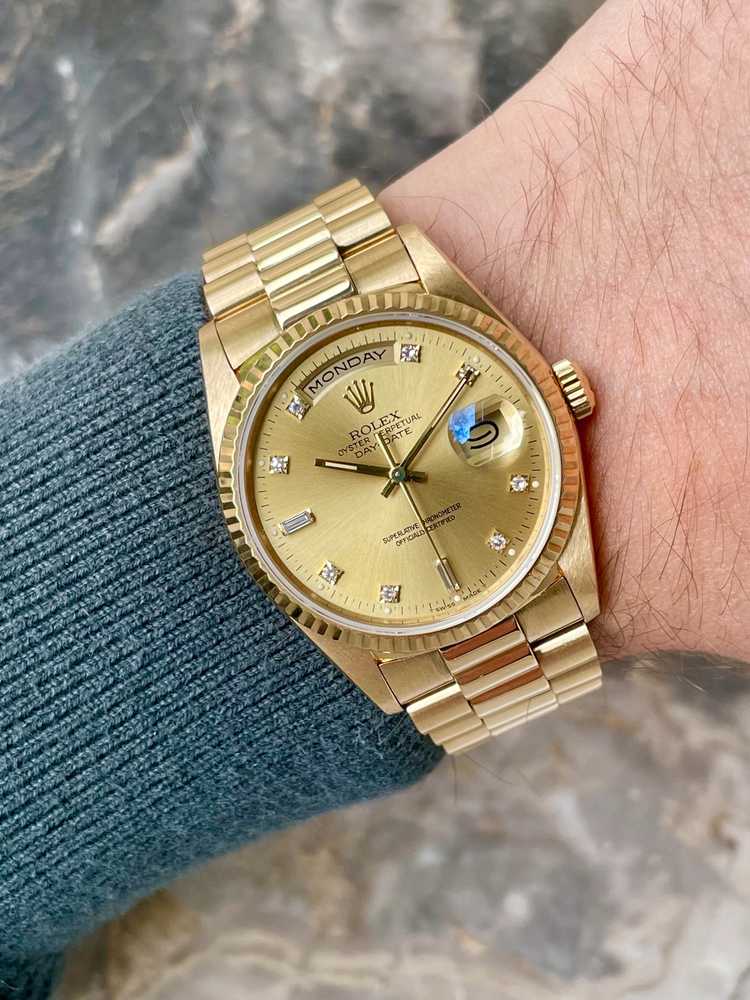 Wrist shot image for Rolex Day-Date "Diamond" 18238 Gold 1989 with original box and papers