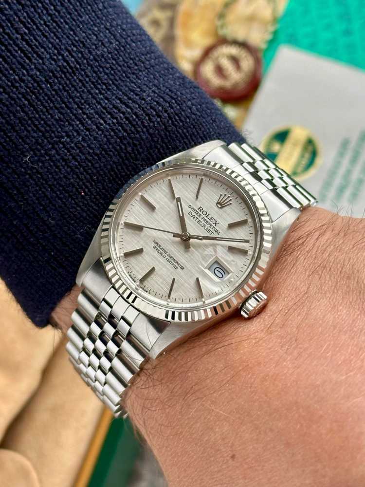 Wrist image for Rolex Datejust "Linen" 16014 Silver Linen 1982 with original box and papers