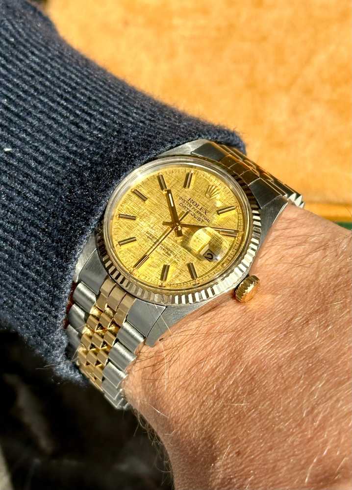 Wrist shot image for Rolex Datejust "Linen" 16013 Gold 1981 with original box and papers