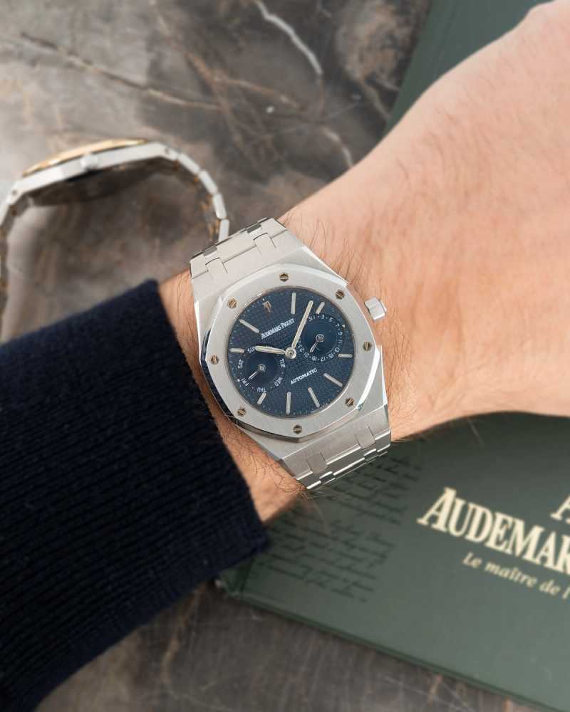 Wrist shot image for Audemars Piguet Day-Date "Owl" 25572 ST Blue 1998 with original box and papers