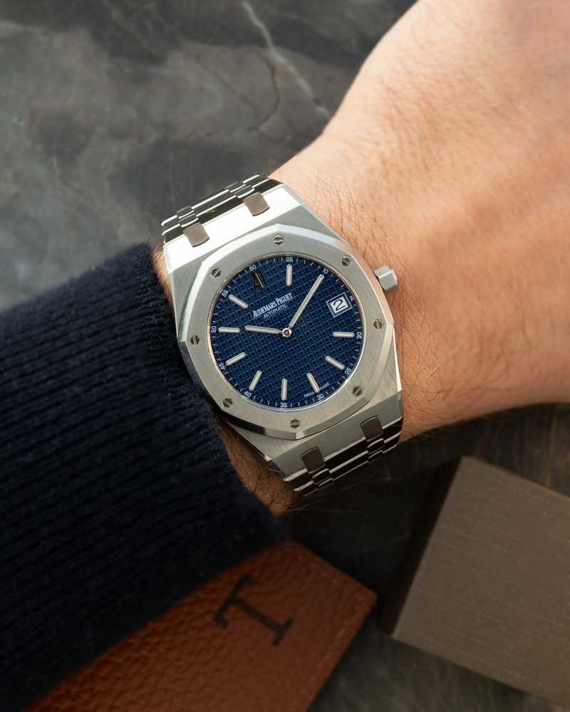Wrist shot image for Audemars Piguet Royal Oak 15202 Blue 2001 with original box and papers