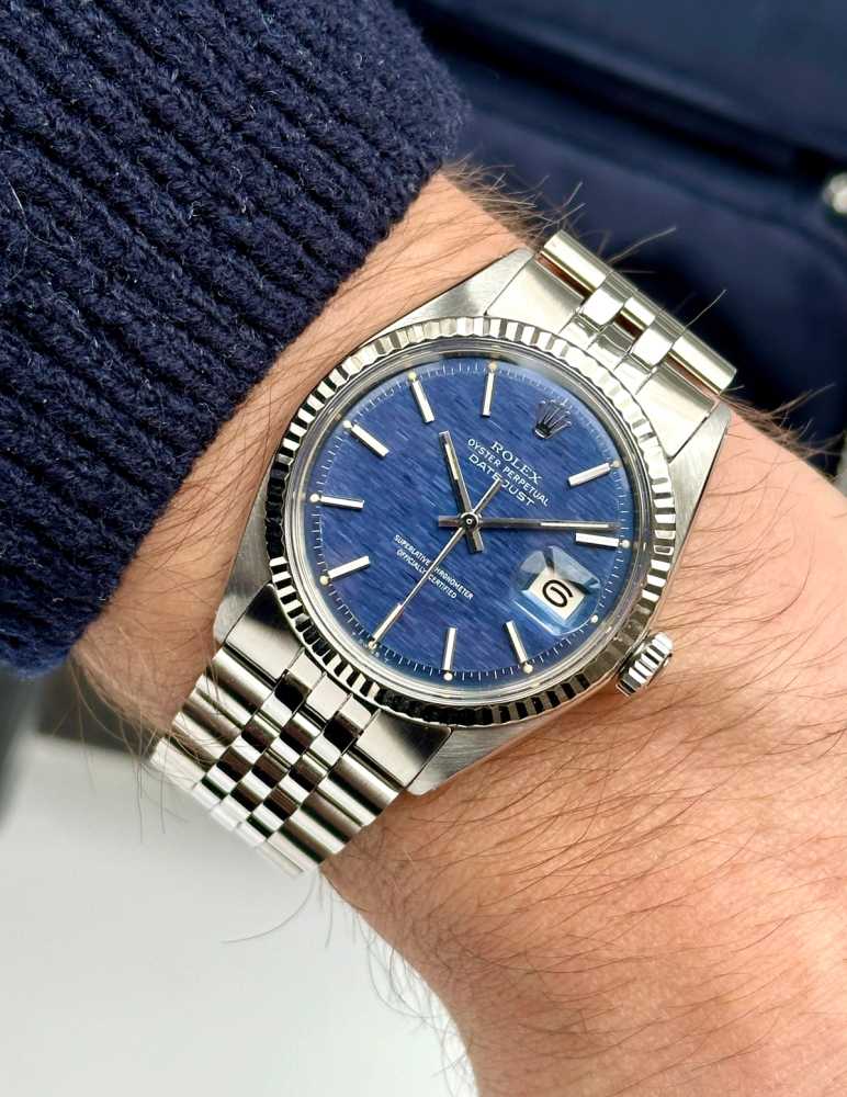 Wrist shot image for Rolex Datejust "Shantung" 1601 Blue 1972 