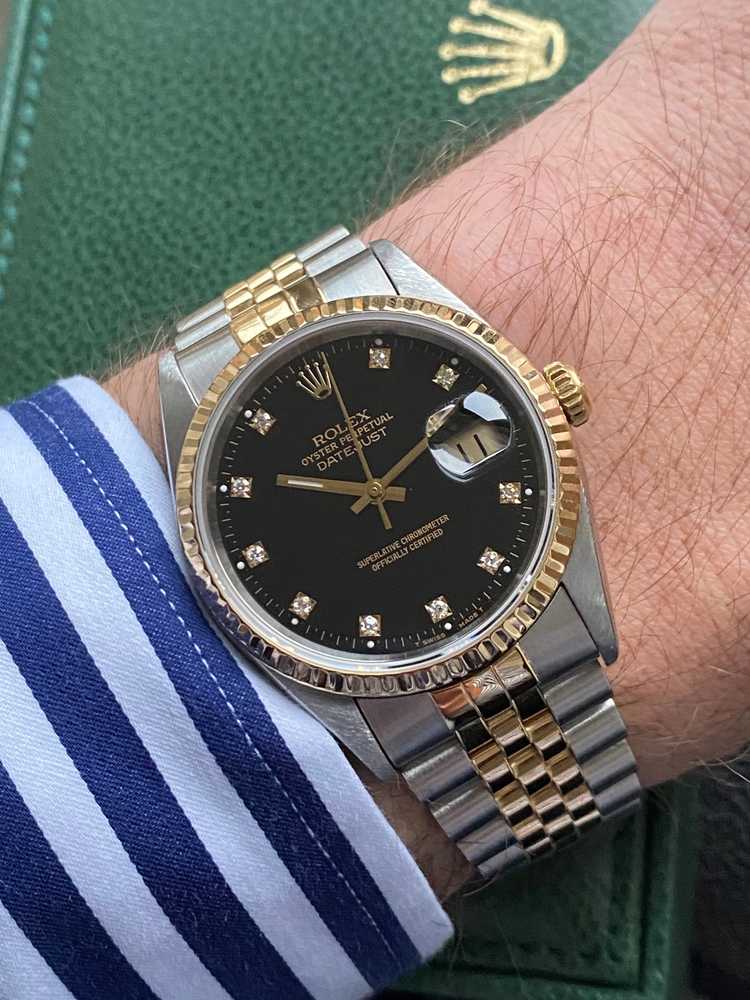 Wrist shot image for Rolex Datejust "Diamond Dial" 16233 Black 1993 with original box and papers