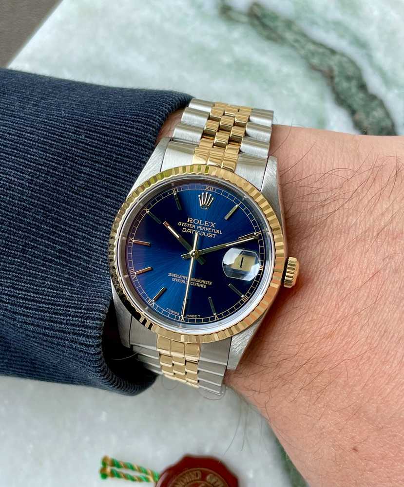 Wrist shot image for Rolex Datejust 16233 Blue 1996 with original box and papers