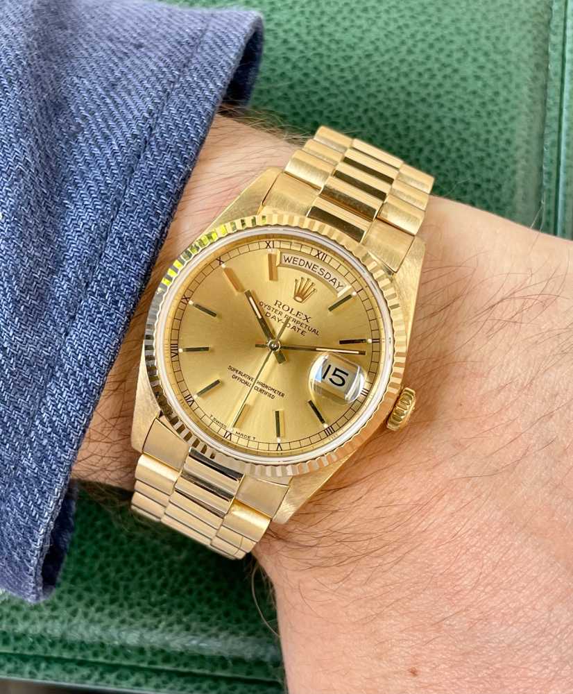 Wrist shot image for Rolex Day-Date 18238 Gold 1989 with original box and papers