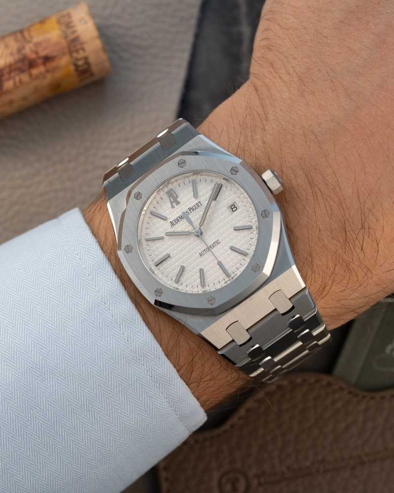 Wrist shot image for Audemars Piguet Royal Oak 15300 White 2006 with original box and papers