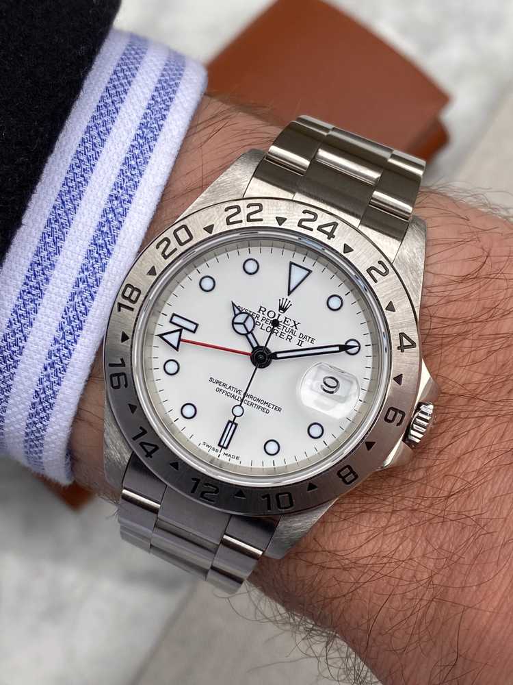 Wrist shot image for Rolex Explorer II 16570 White 1999 with original box and papers