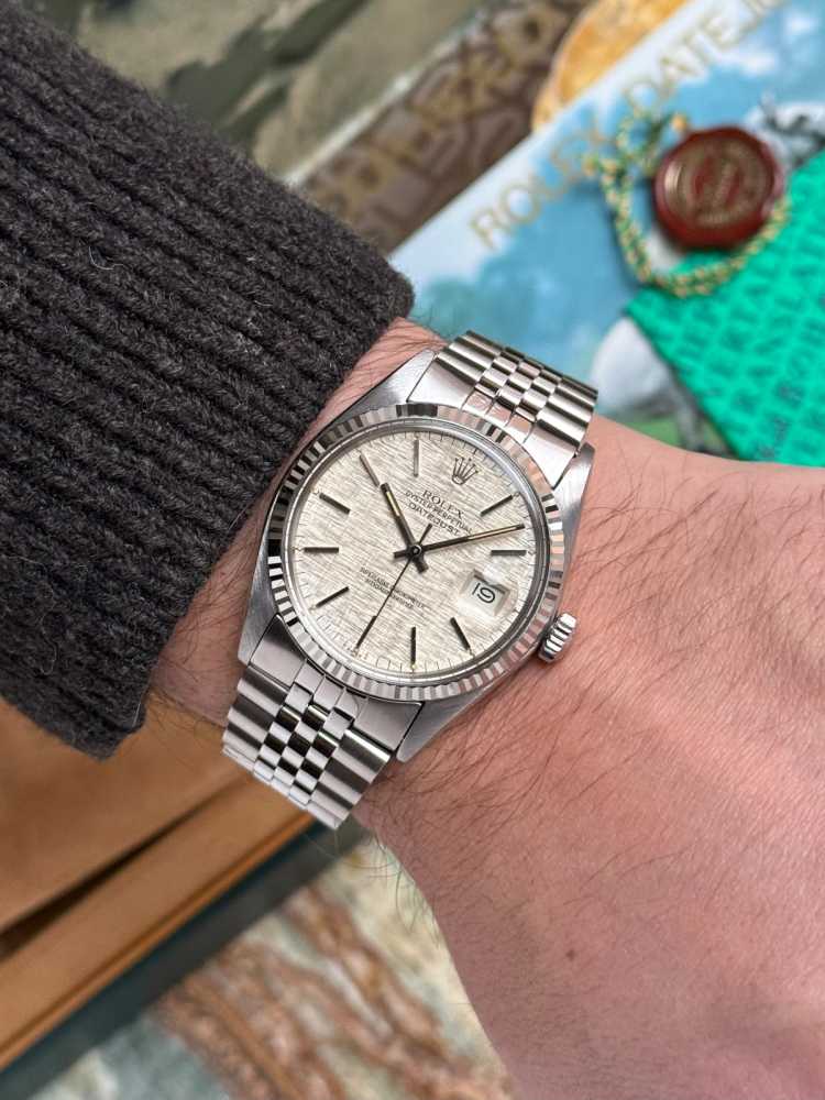 Wrist shot image for Rolex Datejust "Linen" 16014 Silver Linen 1984 with original box and papers 2