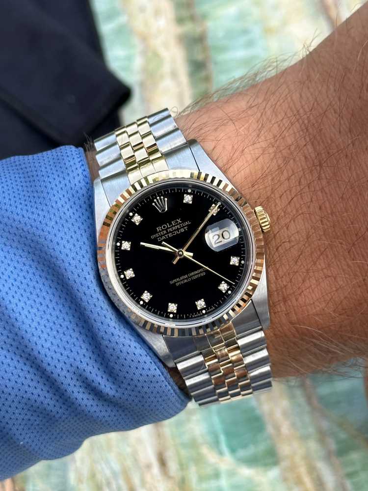 Wrist image for Rolex Datejust Diamond Dial 16233 Black 1991 with original box and papers