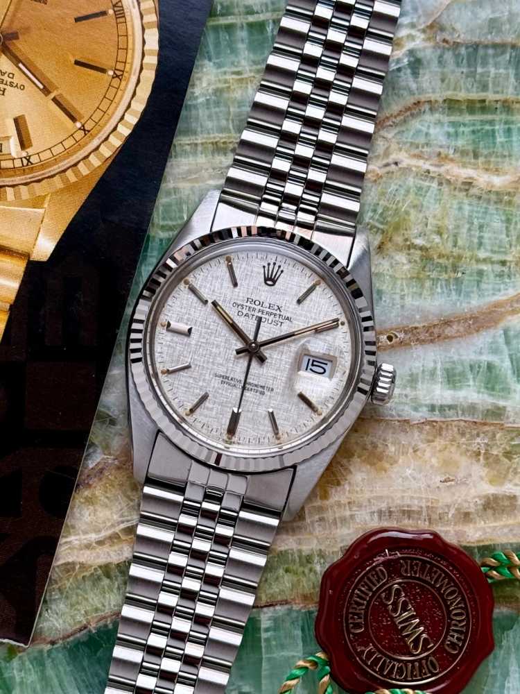 Featured image for Rolex Datejust "Linen" 16014 Silver Linen 1986 with original box and papers 2