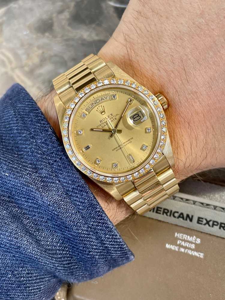 Wrist shot image for Rolex Day-Date "Diamond" 18048 Gold 1987 with original box and papers