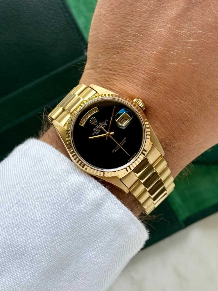 Wrist shot image for Rolex Day-Date "Onyx" 18038 Black 1986 with original box and papers