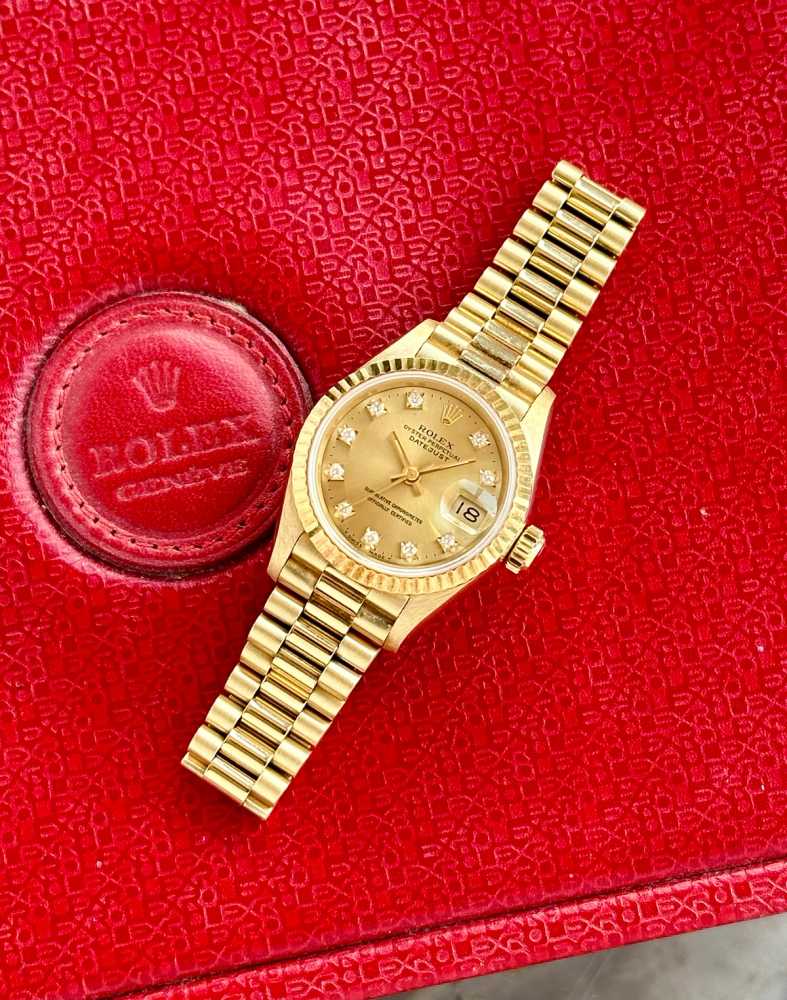 Wrist shot image for Rolex Lady-Datejust "Diamond" 69178G Gold 1990 with original box and papers