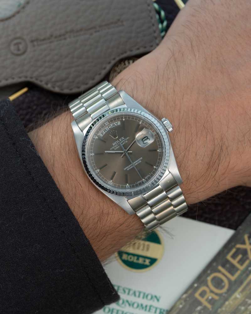 Wrist shot image for Rolex Day-Date 18039 Grey 1982 with original box and papers