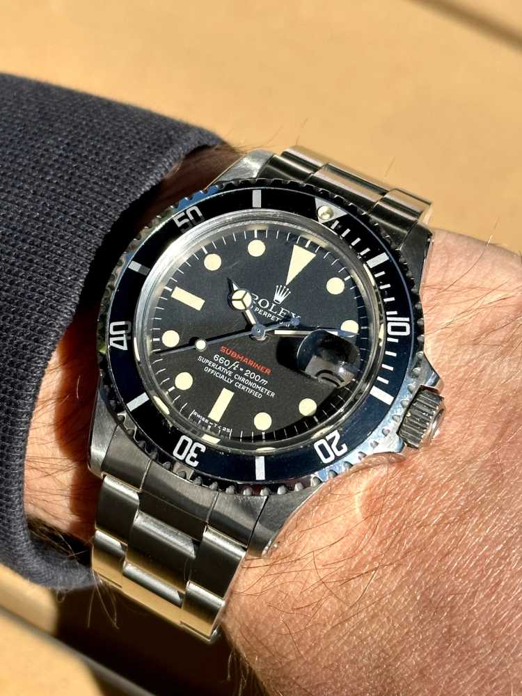 Wrist shot image for Rolex Submariner "Red" 1680 Black 1973 