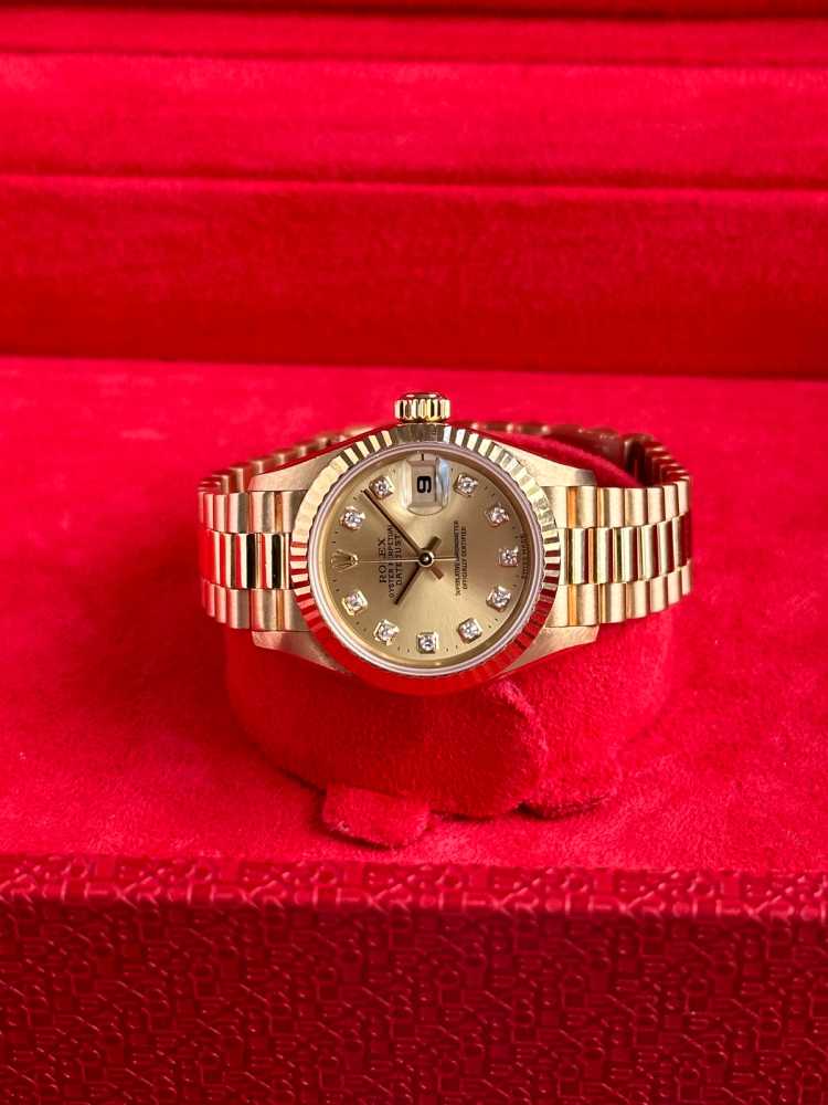 Wrist shot image for Rolex Lady-Datejust "Diamond" 69178G Gold 1996 with original box and papers