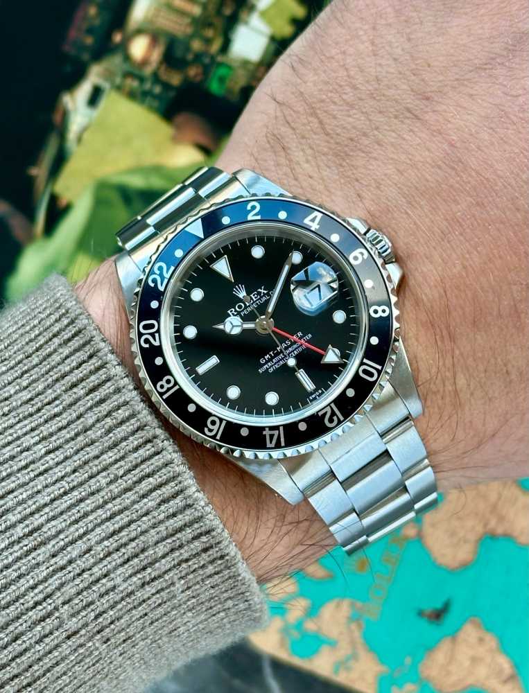 Wrist shot image for Rolex GMT-Master "Swiss" 16700 Black 1999 with original box and papers