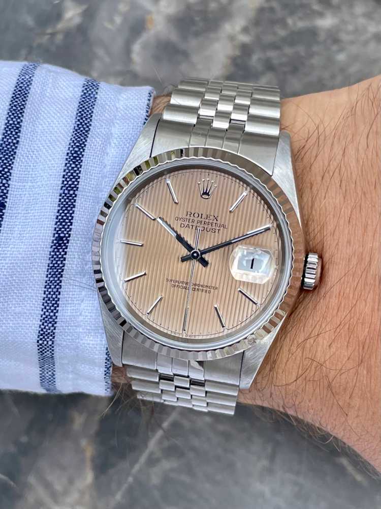 Wrist shot image for Rolex Datejust "Tapestry" 16234 Tropical 2000 with original box and papers