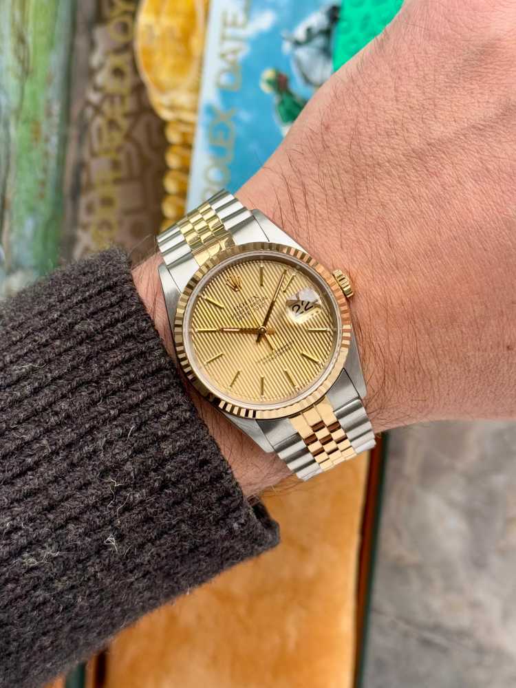 Wrist shot image for Rolex Datejust "Tapestry" 16233 Gold 1996 with original box