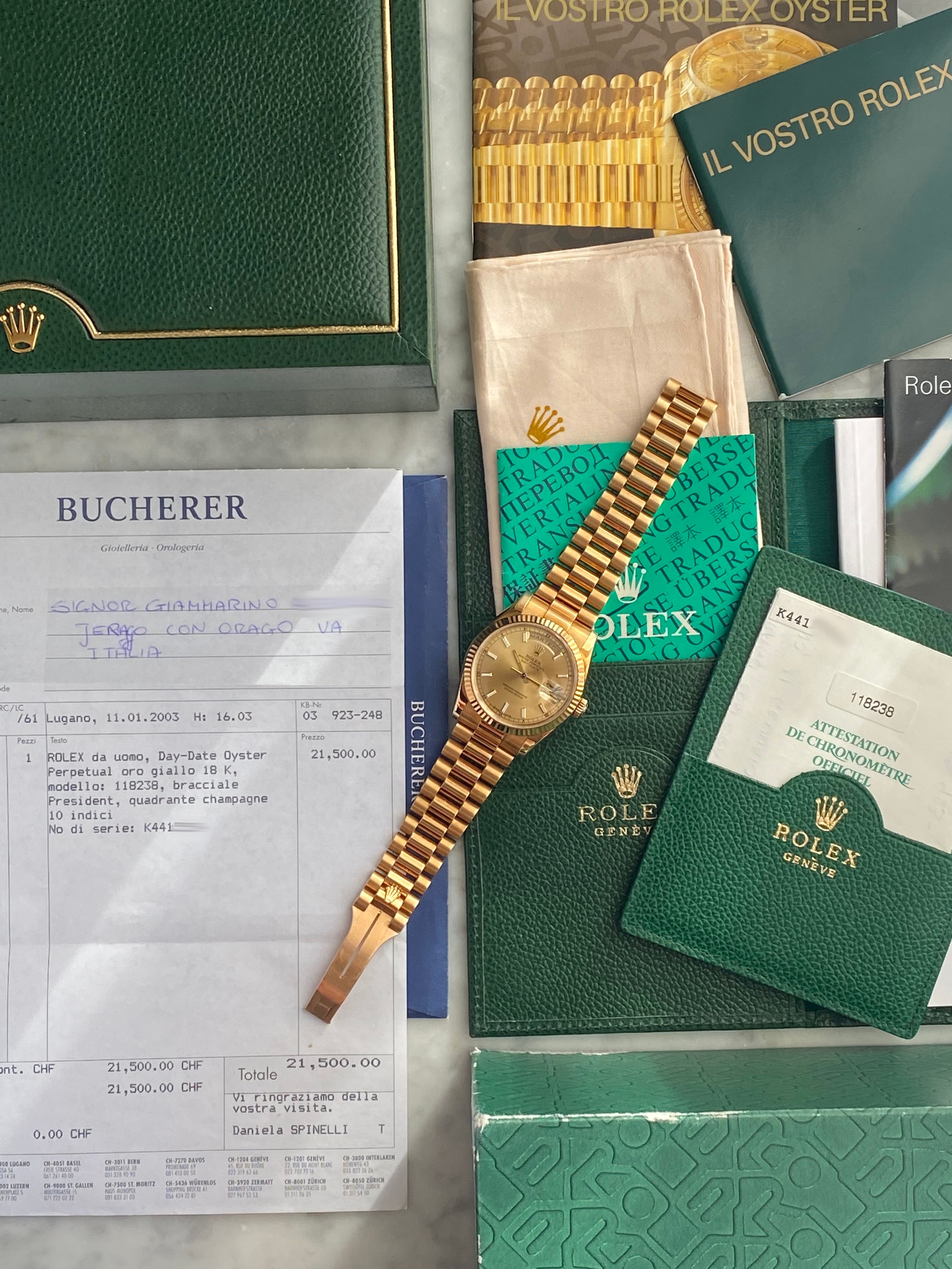 Rolex MB Day Date 118238 Gold 2000 with original box and papers