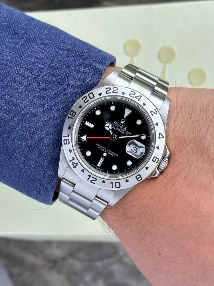 Wrist shot image for Rolex Explorer II 16570T Black 2006 with original box and papers
