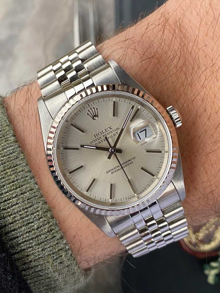Wrist shot image for Rolex Datejust 16234 Silver 1991 with original box and papers2